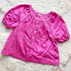FAHERTY cactus flower pink Carmel eyelet button front puff sleeve top XS